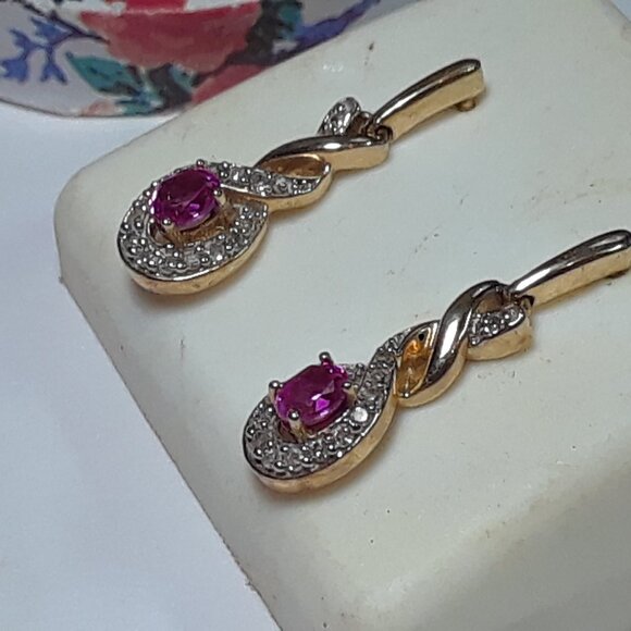 .60ctw Oval Pink Topaz &Diamond Drop Twist 10KT Y/Gold Screw Post Earrings#19995 - Picture 3 of 4